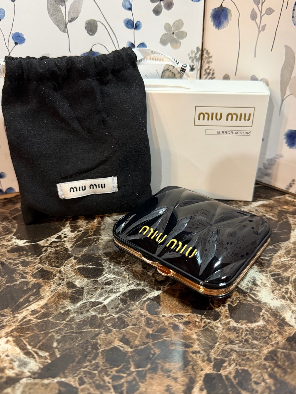 Miu Miu Glossy Black Quilted Compact Mirror Case with Gold Logo